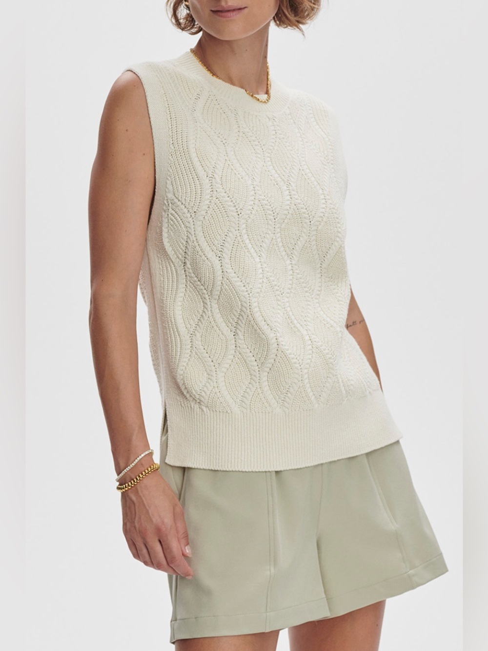 Varley Teller Longline Knit Tank Birch Cream Sleeveless Cable Knit Sweater Vest